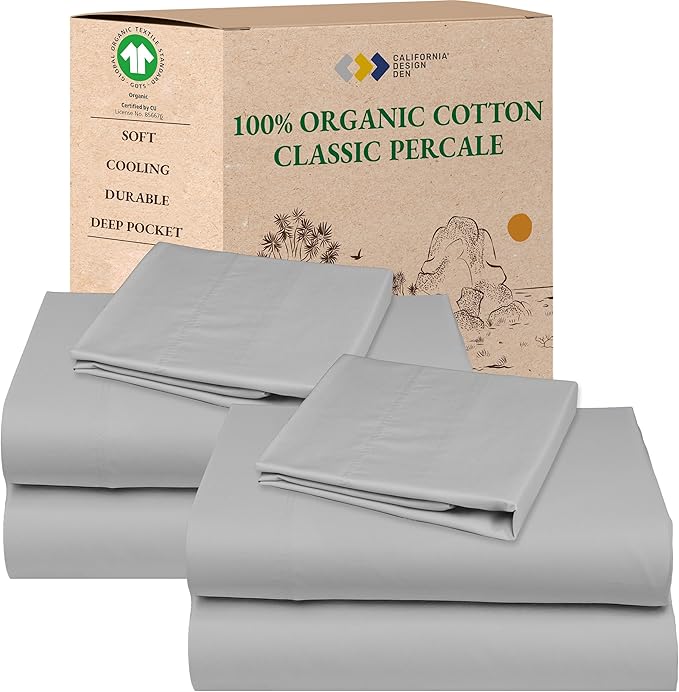 California Design Den 2-Pack Twin Sheets Set - 100% Organic Cotton Sheets Twin Size Bed Set, Crisp and Breathable Percale Feel, Deep Pockets, Lightweight Bedding - Light Grey