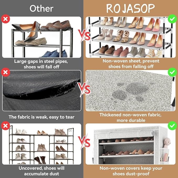 ROJASOP 10 Tier Shoe Rack with Covers Large Capacity Stackable Tall Shoe Shelf Storage for 50-55 Pairs Shoe and Boot, Sturdy Free Standing Shoe Rack Organizer for Closet, Entryway, Bedroom, Printing - Image 7