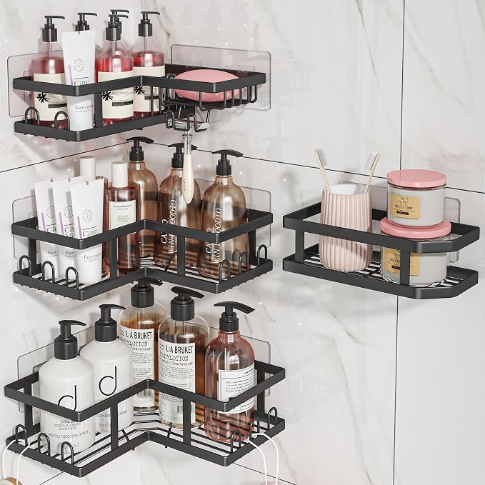 Youvip Shower Caddy Corner with Soap Holder, No Drilling Shower Shelves-Rustproof, Adhesive Shower Organizer Corner for Dorm. Black, 4-Pack by YOUVIP