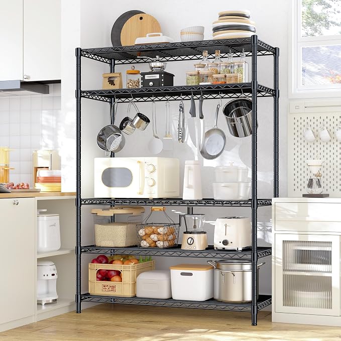 5 Tier Storage Shelves 71"H Wire Shelving Adjustable Metal Shelving,1000LBS Pantry Shelves Sturdy Steel Wire Shelf for Kitchen School Pantry Garage Warehouse ,71"H X35.5"W X13.8"D, Black,2P - Image 4
