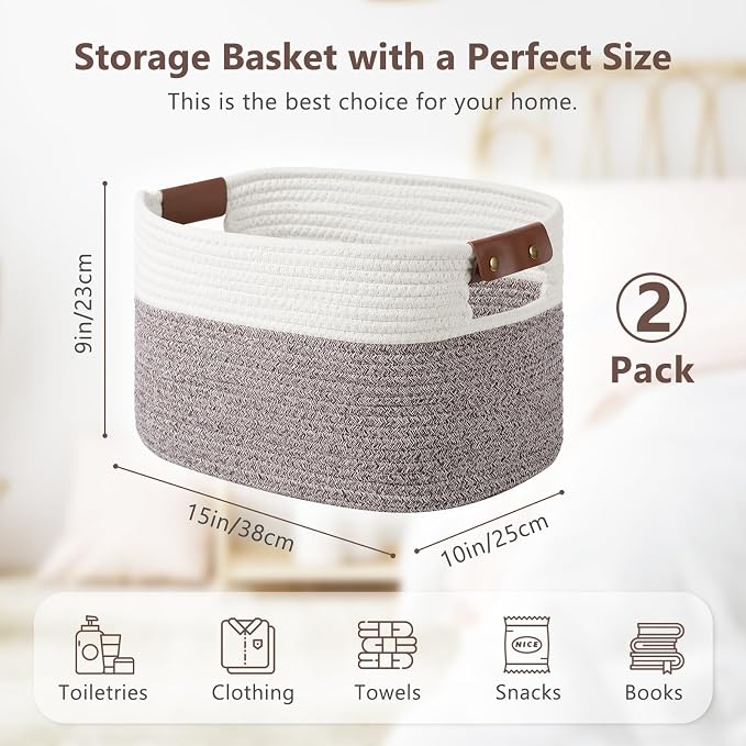 ECDYQXVU Cotton Rope Basket, Storage Baskets with Handle, 15x10x9 Inch Woven Basket for Shelves, Laundry, Towels, Clothes, Books (White Brown 2 Pack) - Image 4