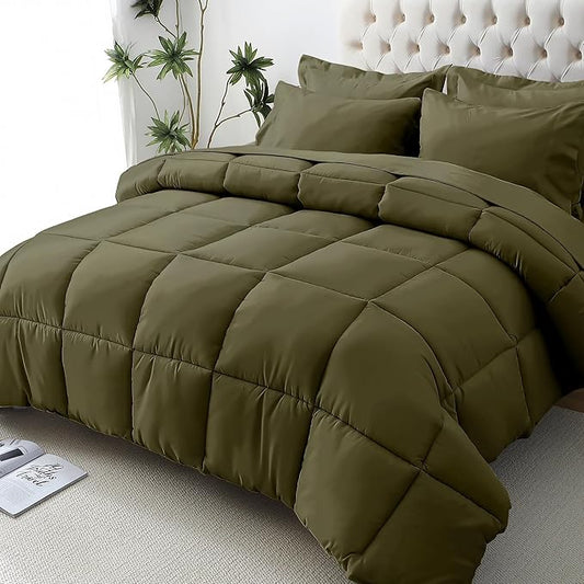 JOLLYVOGUE King Comforter Set, Ultra-Soft Bed in a Bag King Size 7 Pieces, Oeko-TEX Certified Bedding Set with Down Alternative Comforter, Sheets, Pillowcases & Shams, Olive Green