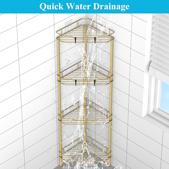 HuggieGems 4 Tier Floor Standing Corner Shower Caddy Organizer Shelf with Hooks, Bathroom Shelves Stand Rack, Gold - Image 5