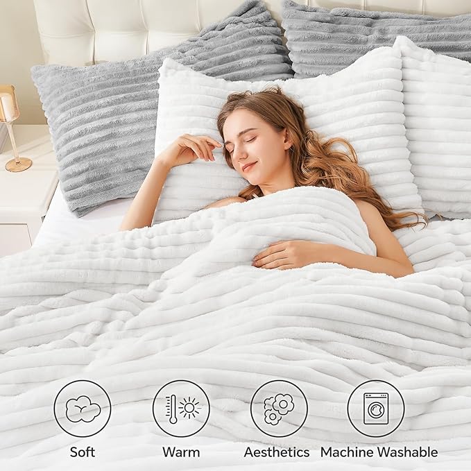 BEDELITE Fleece Oversized Queen Comforter Set -Super Soft & Warm Fluffy Bright White Bedding, Luxury Fuzzy Heavy Bed Set for Winter with 2 Pillow Cases