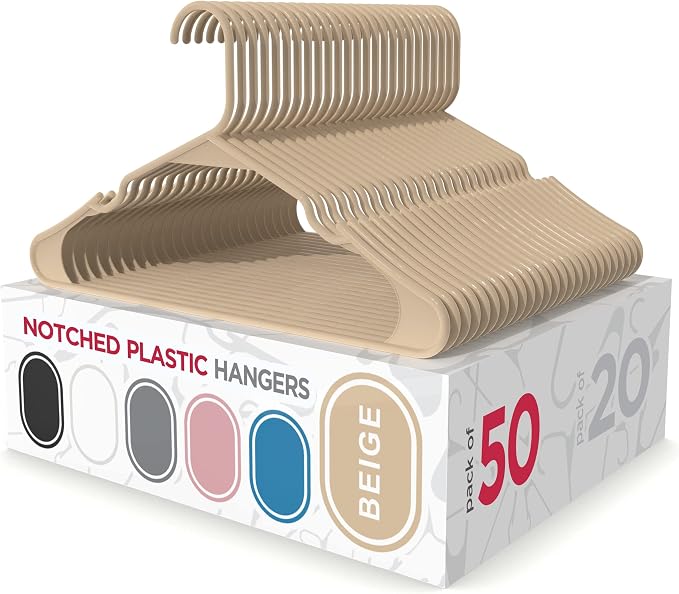 Sharpty Plastic Hangers Clothes Hangers for Clothing, Closet, Coats & Shirts - Notched, Durabl & Space Saving - for Everyday Standard Use, Room Essentials & Basics - 50 Pack - Beige by Sharpty