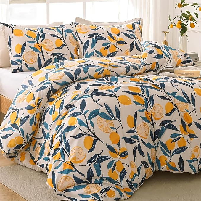 MUXHOMO Lemon Blossom Bed in a Bag Queen 7 Pieces, Queen Comforter Set Reversible Botanical Flowers Design, Ultra Soft & Breathable Bedding Sets with Comforter, Sheets, Pillowcases & Shams