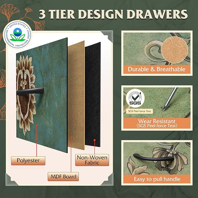 WLIVE Fabric Dresser for Bedroom with 10 Drawers, Chest of Drawers with Side Pockets and Hooks, Sturdy Metal Frame, Drawers Organizer Unit for Living Room, Hallway, Floral Painted