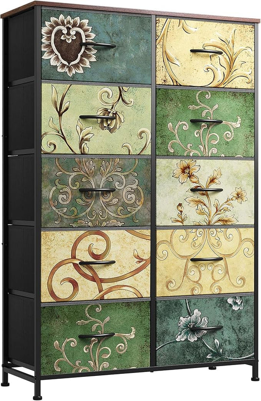 WLIVE Tall Dresser for Bedroom with 10 Drawers, Chest of Drawers, Fabric Dresser for Closet, Hallway, Living Room, Entryway, Floral Painted
