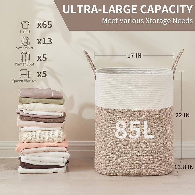 AINUOQI Laundry Basket with Handles - Blanket Basket & Hampers for Bedroom Aesthetic, Laundry Hamper & Blanket Storage for Living Room, Clothes Hamper, Tall, Large 17" x 14" x 26”, White & Rice Brown - Image 2
