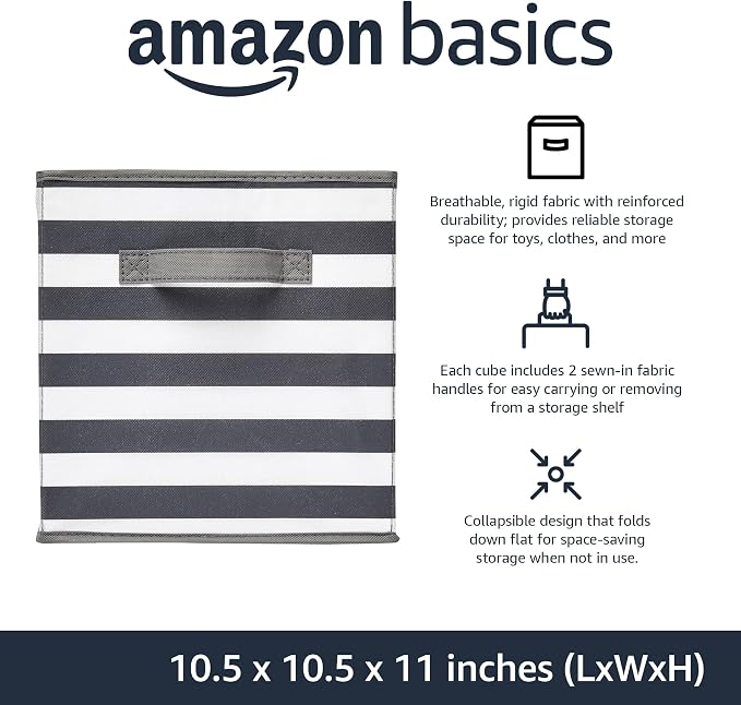Amazon Basics Collapsible Fabric Storage Bins with Handles, Cube Organizer for Home Organization, 10.5"x10.5"x11", White/Light Grey Stripe, 6-Pack - Image 2