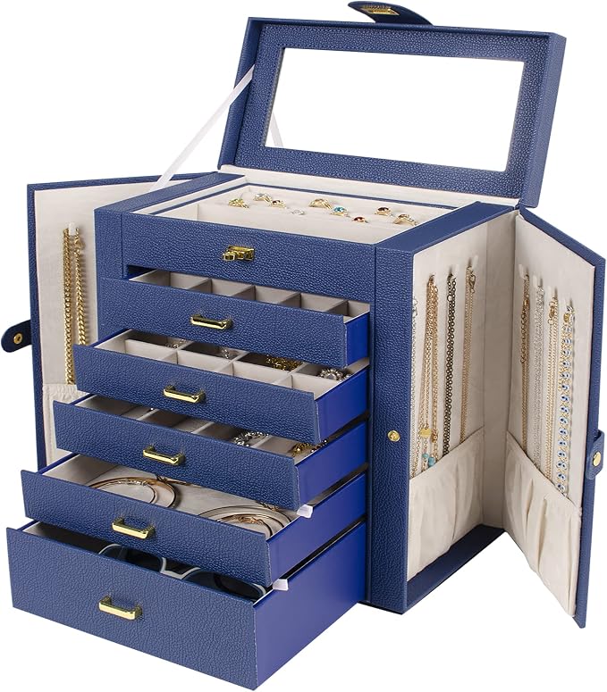AKOZLIN Large Jewelry Box Organizer Functional with Big Mirror, Leather Jewelry Storage Case for Women Girls Ring Necklace Earring Bracelet Holder Organizer Blue - Image 8