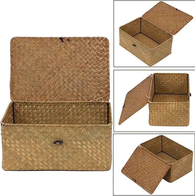 Wicker Storage Basket with Lid, Natural Seagrass Woven Shelf Basket for Storage, Rectangular Decorative Storage Bins Boxes Home Organizer Decor (Natural, Medium) - Image 6