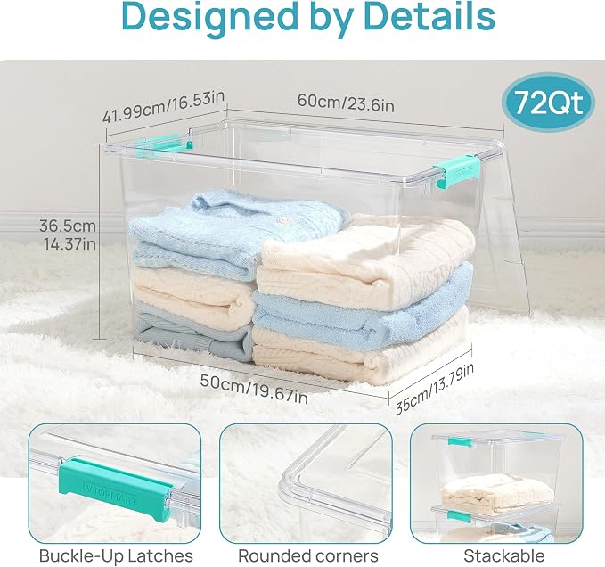 Vtopmart 2 Pack 72 QT Crystal Clear Storage Bins with Lids, 4 Pack Stackable Plastic Large Latching Boxes Totes Tubs Container for Closet Organizers and Storage, Bedroom, Clothes, Bedding - Image 2