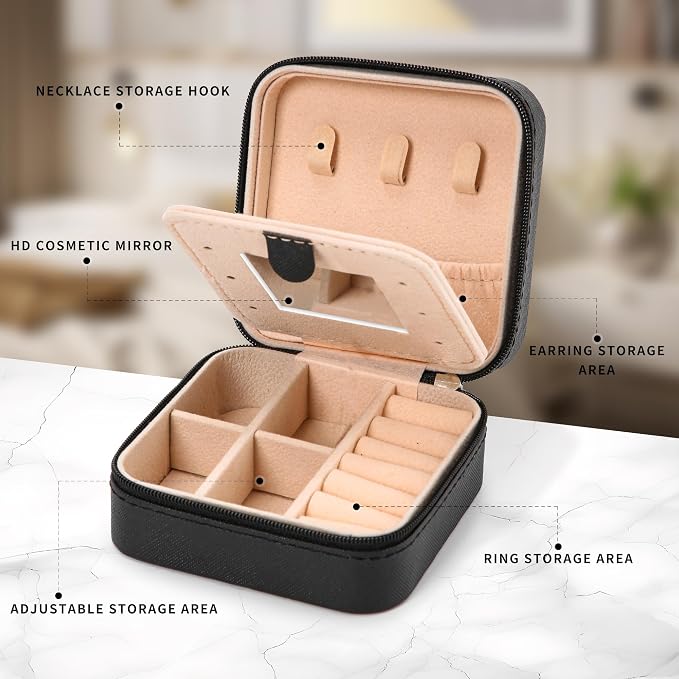 Neveika Jewelry Box with Mirror,Small Jewelry Organizer Box，Travel Jewelry Case for Women，Gift Jewelry Boxes for Female Girls (mirror black) - Image 3