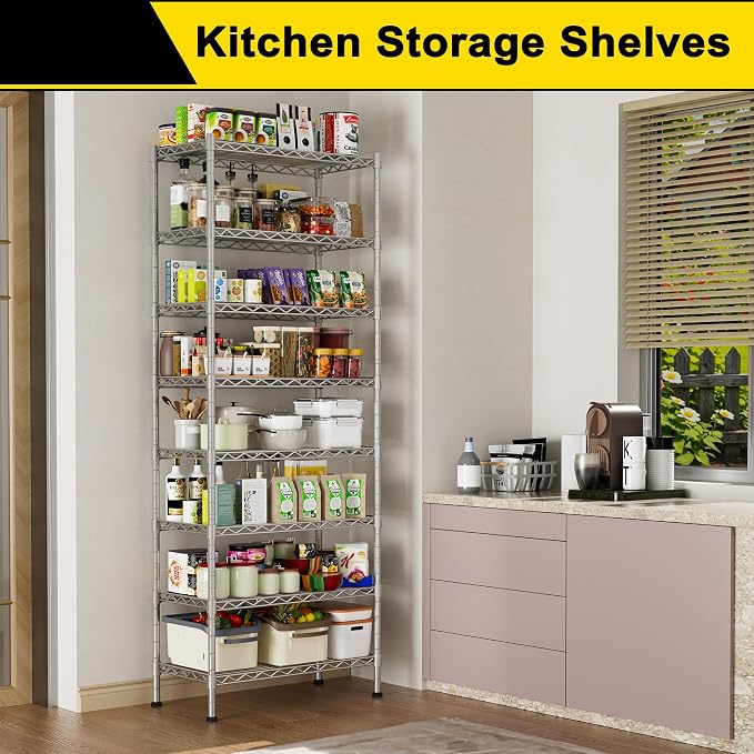 GIOTORENT 8-Wire Garage Shelving Storage Shelves, Kitchen Storage Adjustable Shelf, Metal Shelves 1600Lbs Capacity 24" W x 14" D x 72.2" H for Laundry Bathroom Pantry Closet, Silver - Image 2