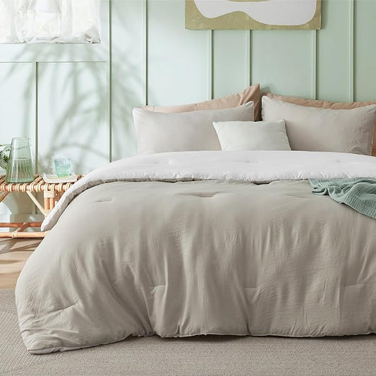 Bedsure California King Comforter Set, Beige White Soft Prewashed Bedding for All Seasons, 3 Pieces GentleSoft™ Bed Set, 1 Lightweight Comforter (104"x96") and 2 Pillowcases (20"x36")