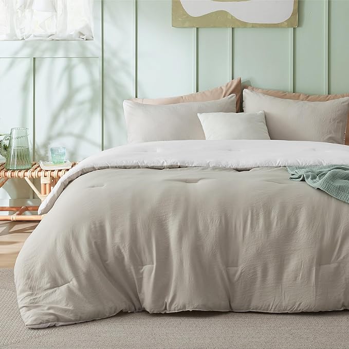 Bedsure King Comforter Set, Beige White Soft Prewashed Bedding for All Seasons, 3 Pieces GentleSoft™ Bed Set, 1 Lightweight Comforter (104"x90") and 2 Pillowcases (20"x36")
