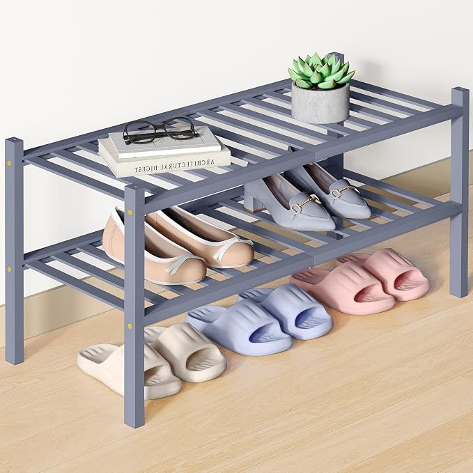 Smiry Bamboo Shoe Rack for Closet, 2 Tier Wooden Stackable Shoe Organizer, Free Standing Shoes Storage Shelf for Entryway, Front Door Entrance, Grey by Smiry