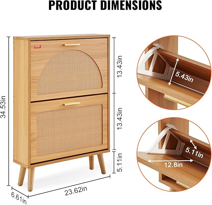 VEVOR Shoe Cabinet with 2 Flip Drawers, Shoe Storage Cabinet for Entryway, Free Standing Shoe Storage Organizer with Rattan Doors for Heels, Boots, Slippers in Hallway, Living Room - Image 3