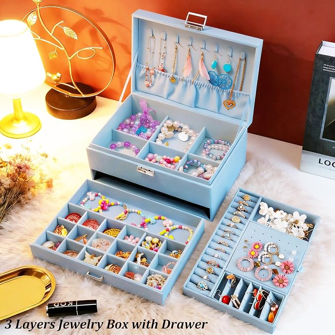 QBestry 3-Layer Jewelry Box for Girls & Teens with Lock and Key, Large Jewelry Organizer with 8 Necklace Hooks & 56 Earring Holes, Blue Velvet Jewelry Storage Box for Necklaces Earrings Rings Bracelet - Image 3