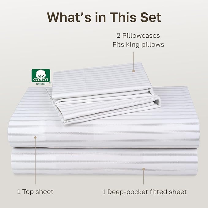 California Design Den California King Sheet Set - 100% Cotton, 600 Thread Count, Deep Pocket, Soft Sateen Premium Cal King Sheet Set - Ticking Stripe Pattern
