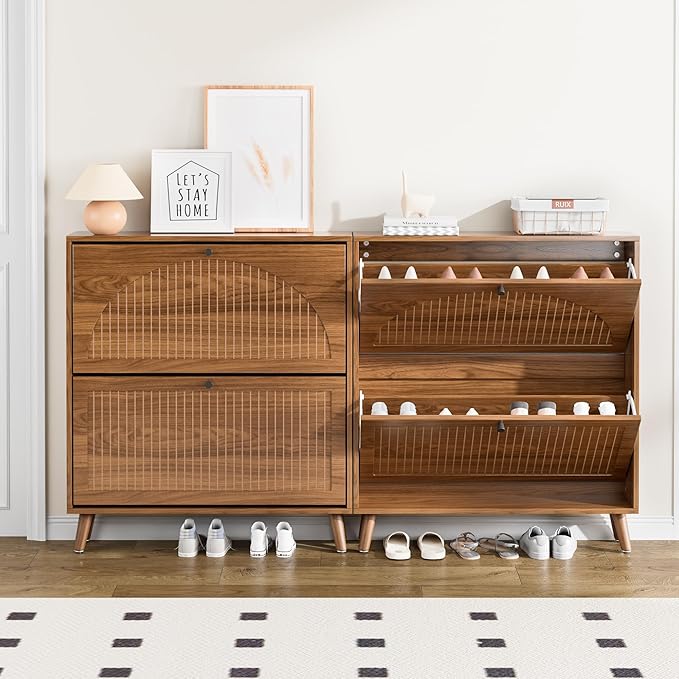 Fsbecl Shoe Storage Cabinet for Entryway with 2 Flip Drawers, Narrow Wood Shoe Cabinet with Fluted Panel, Freestanding Hidden Shoe Organizer for Foyer, Hallway (Walnut - No Shelf) - Image 7