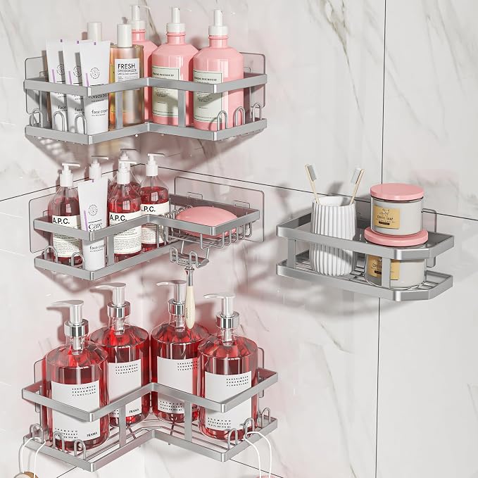 Youvip 4-Pack Adhesive Corner Shower Caddy with Soap Holder, No Drilling Wall Mounted Shower Shelves-Rustproof, Organizer for Bathroom, Kitchen & Home Decor. Silver - Image 5