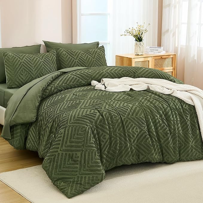 Andency Queen Comforter Set Olive Green - 7 Pieces Bed in a Bag Queen Boho Olive Green Bedding Comforter Sets, Tufted Bed Set with Comforter, Sheets, Pillowcases & Shams