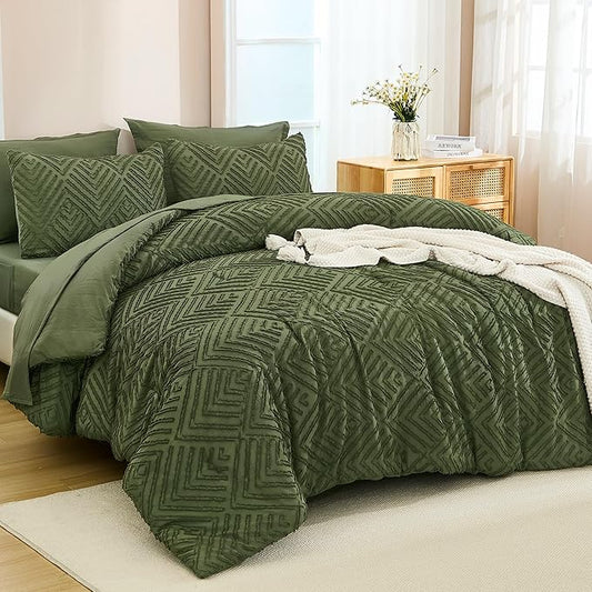 Andency Super King Comforter Set Olive Green - 7 Piece Oversized King Bed in a Bag Olive Green Bedding Sets, Boho Tufted Bed Set with Comforter, Sheets, Pillowcases & Shams