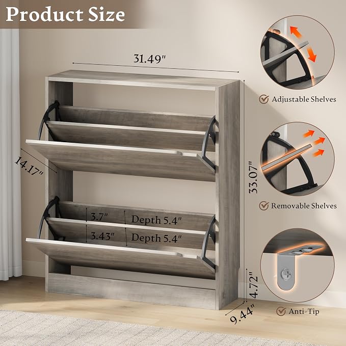 BORNOON Shoe Cabinet with 2 Flip Drawers, Slim Narrow Shoe Storage Cabinet, Freestanding Shoe Organizer with Adjustable & Removable Shelves, Top Display Shelf for Entryway, Hallway, Foyer, Closet - Image 2