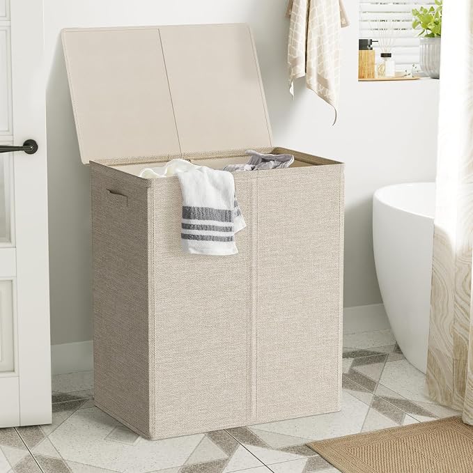 WOWLIVE 154L Double Laundry Hamper with Lid and Removable Laundry Bags, Large Dirty Clothes Hamper 2 section Collapsible Laundry Basket Dorm Room Storage for Bedroom, Bathroom, College,Wheat - Image 2
