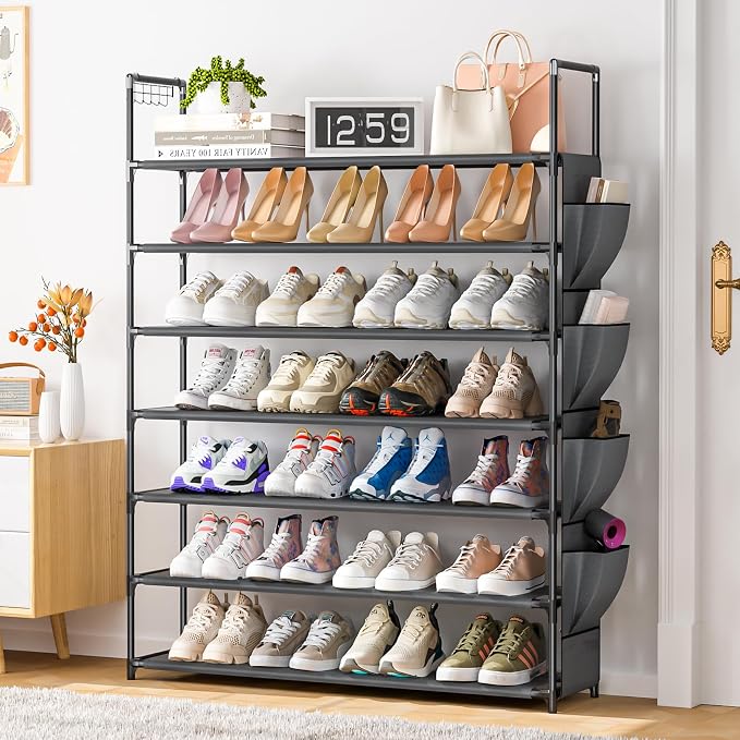 OYREL Large Capacity 7 Tier Shoe Rack, Black, 33.3in Wide x 11.2in Deep x 48.7in Tall, Holds 28-35 Pairs of Shoes, Ultra-Minimalist Style, Waterproof and Durable - Image 5