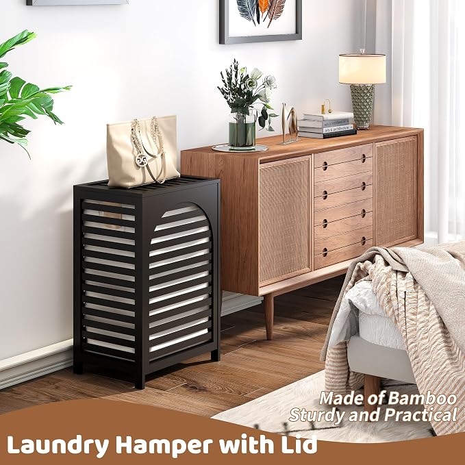 FILWH Laundry Hamper with Lid (16.9 * 13 * 26.5inches) Large Bamboo Laundry Bin Basket 85L Clothes Hamper with 1 Removable Bag Storage baskets for Bathroom(Black) - Image 6
