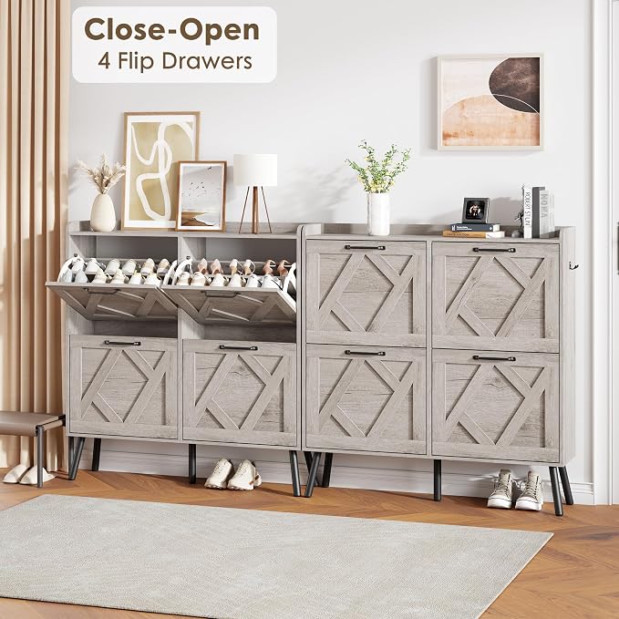 Nicetree Shoe Cabinet with 4 Flip Drawers, Freestanding Shoe Organizer Cabinet, Farmhouse Narrow Shoe Storage Cabinet for Entryway, Foyer, Hallway, Gray - Image 3