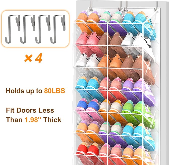 20-30 Pairs Over the Door Shoe Organizer, Transparent PVC Hanging Shoe Rack for Closet, 10-Tier Door Shoes Storage, Crystal-Clear Visibility Fit All the Family's Sneakers, Boots, Heels, White Frame - Image 6
