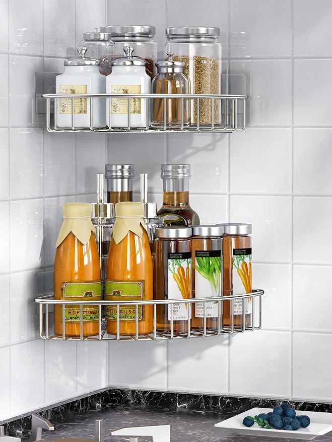SMARTAKE 2-Pack Corner Shower Caddy, SUS304 Stainless Steel, Wall Mounted Bathroom Shelf with Adhesive, Storage Organizer for Toilet, Dorm and Kitchen (Silver) - Image 6