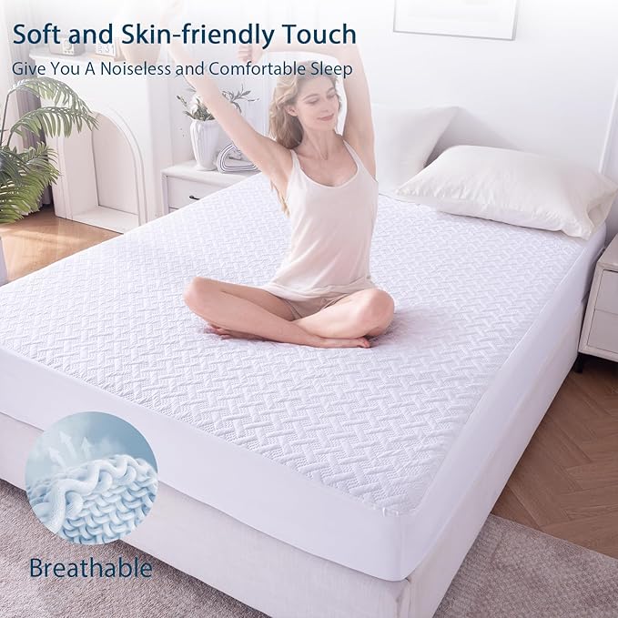 King Mattress Protector Waterproof - Ultrasonic Noiseless Mattress Pad with Reinforced TPU Backing, Breathable Bed Cover Fit 6"-18" Deep Pocket for Potty Training, Pets & Night Sweats, White