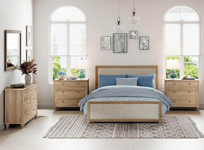 WAMPAT 3 Piece Bedroom Set - Includes Farmhouse 7 Drawer Dresser, Set of 2 Bedside Tables with 3 Drawers, 3 Piece Dresser and Nightstand Sets, Oak