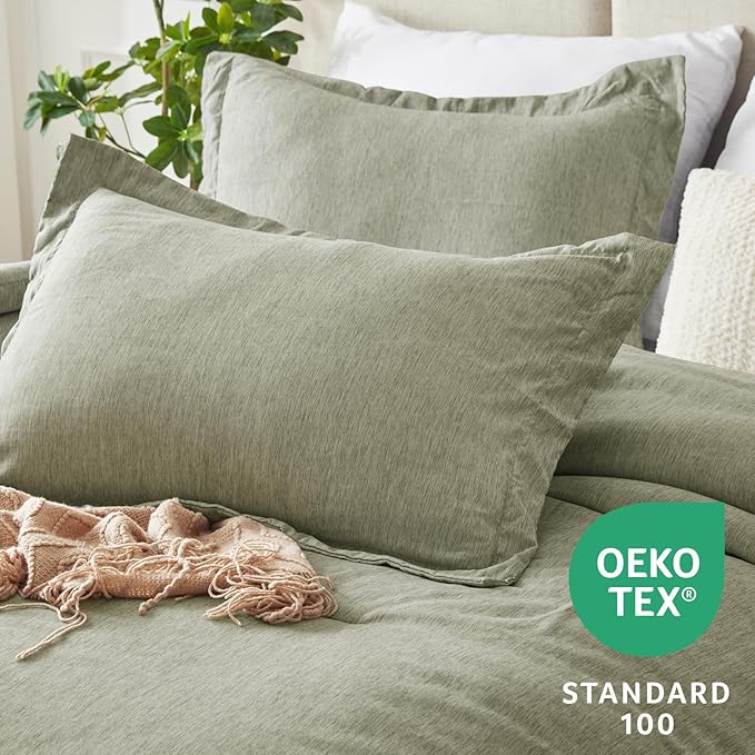 CozyLux Queen Size Comforter Set - 3 Pieces Olive Green Soft Luxury Cationic Dyeing Bedding Comforter for All Season, Breathable Lightweight Fluffy Boho Bed Sets with 1 Comforter and 2 Pillow Shams