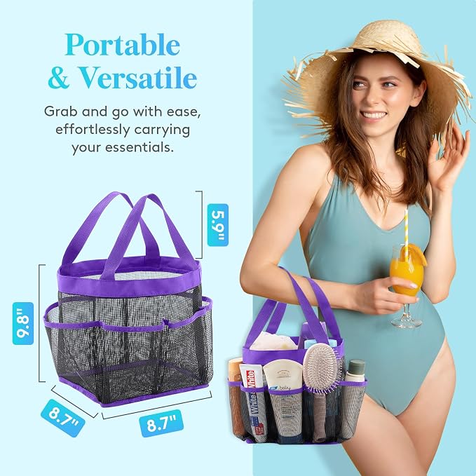 Lifewit Mesh Shower Caddy Portable for College Dorm Room Essentials with 7 Pockets, Freestanding Hanging Organizer Basket, Quick Dry Tote Bag for Camping, Bathroom, Beach, Travel, 1 Pack, Purple - Image 2