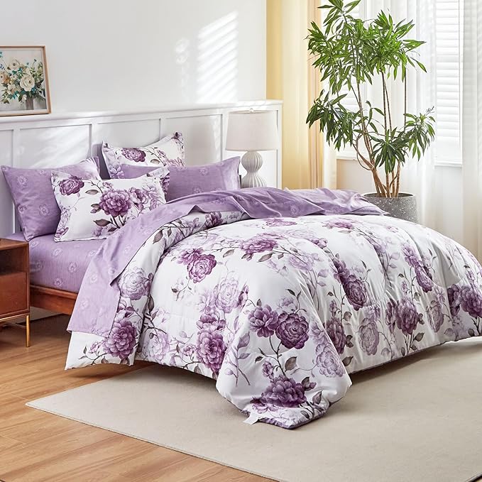 AIKASY 7-Piece King Size Bed in a Bag Comforter Set - Thistle Purple Floral Ensemble with Reversible Botanical Flowers Comforter, Sheets, Pillowcases & Shams