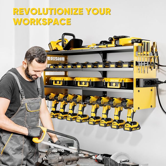 POKIPO Large Power Tool Organizer Wall Mount with Charging Station,4 Layer Heavy Duty Metal Storage Rack Loads 600lbs with 8 Cordless Drill Holder,Battery Utility Rack Gift for Garage workshops Room - Image 5