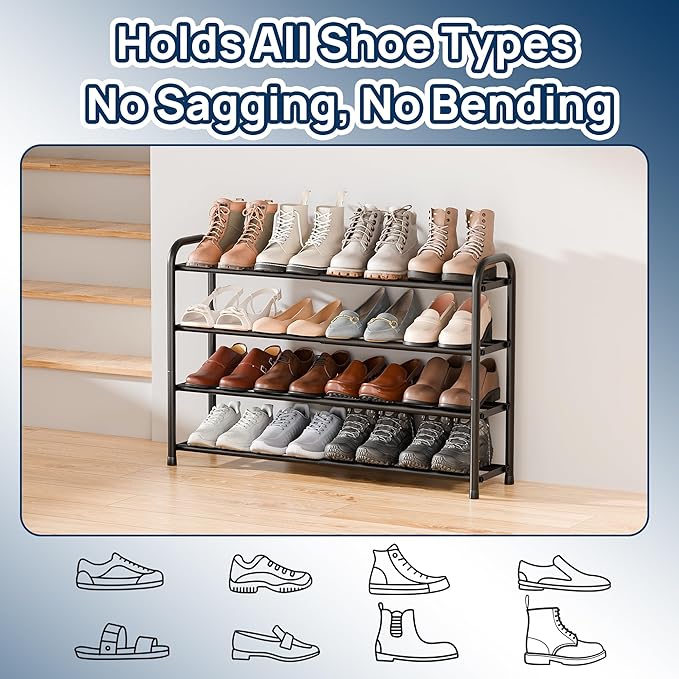 ENJOYBASICS 4 Tier Expandable Shoe Rack for Closet, Free Standing Metal Shoe Shelf Storage Organizer Holder 16 Pairs, Adjustable Width Shoe Rack for Entryway Small Space, Black - Image 6