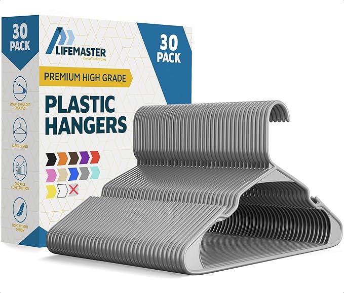 Lifemaster Plastic Clothes Hangers – Heavy Duty Hanger Set, for Organizing Clothes, Dresses, and Coat, Holds Up to 5 lbs, Space-Saving Hangers with Non-Slip Shoulder Grooves, Pack of 30, Gray by LIFEMASTER