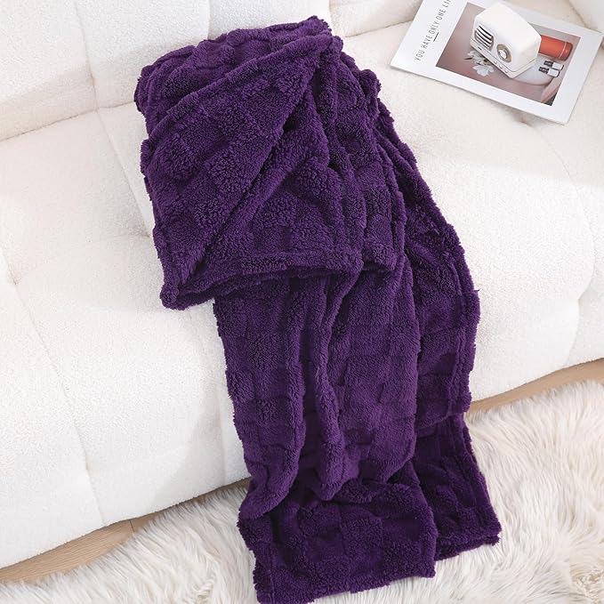 Deep Purple Fleece Throw Blanket 90”×90” for Couch Sofa Bed,Super Soft Cozy Plush Microfiber Flannel Blanket with 3D Checkered Design Lightweight for Adults,Woman,Girls