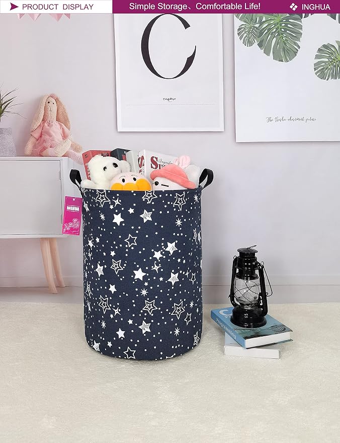Laundry Hamper Large Canvas Fabric Lightweight Storage Basket/Toy Organizer/Dirty Clothes Collapsible Waterproof for College Dorms, Boys and Girls Bedroom,Bathroom(Blue star) - Image 4