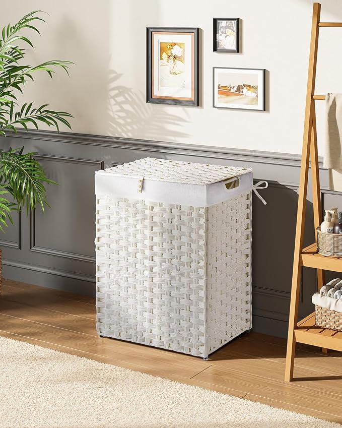 Greenstell Laundry Hamper with 2 Removable Liner Bags，90L Divided Clothes Hamper, Handwoven Synthetic Rattan Foldable Laundry Basket with Lid and Handles White (18.5 x 13.3 x 24.0Inches) - Image 2