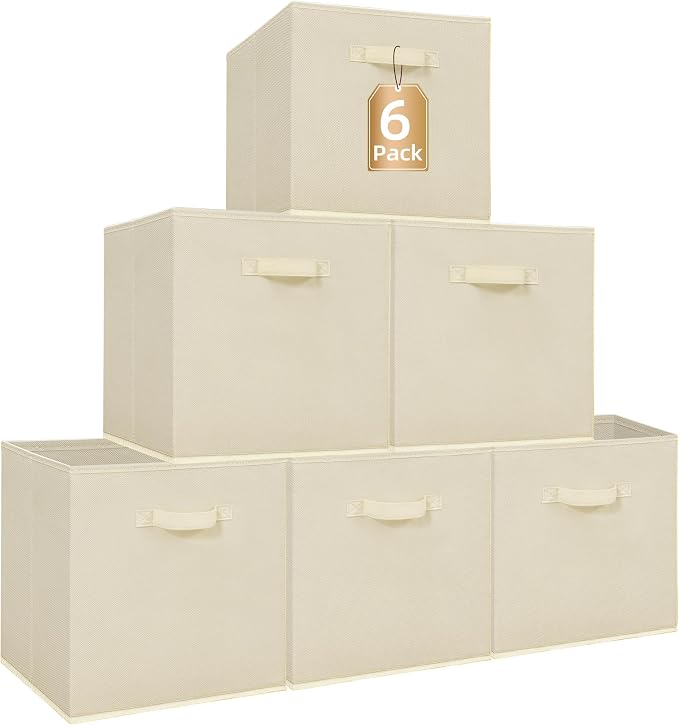 STORAGE MANIAC Storage Cubes, 13 Inch Collapsible Storage Bins with Handles, 6 Pack Fabric Foldable Bins for Organization, Durable Storage Bins for Closet, Shelves, Offices, Toys, 6-Pack Beige by STORAGEMANIAC