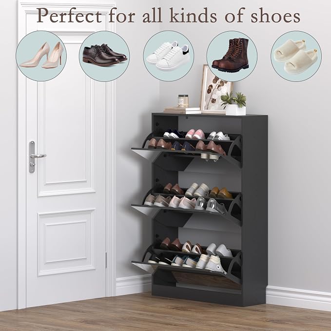 BORNOON Shoe Cabinet with 3-Flip Mirror Drawers, Freestanding Shoe Rack Organizer with Hidden Handle, Slim Narrow Shoe Storage Cabinet for Entryway, Entrance, Hallway, Bedroom - Image 4