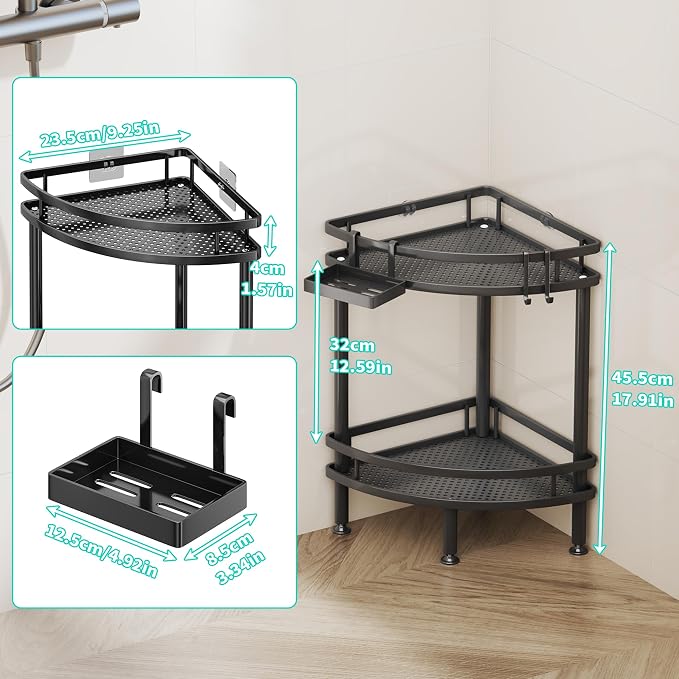 HapiRm Standing Corner Shower Caddy - 2 Tier Shower Organizer Corner with Soap Holder and 2 Hooks, Rustproof Bathroom Storage Shelves with Adhesives, Black - Image 2